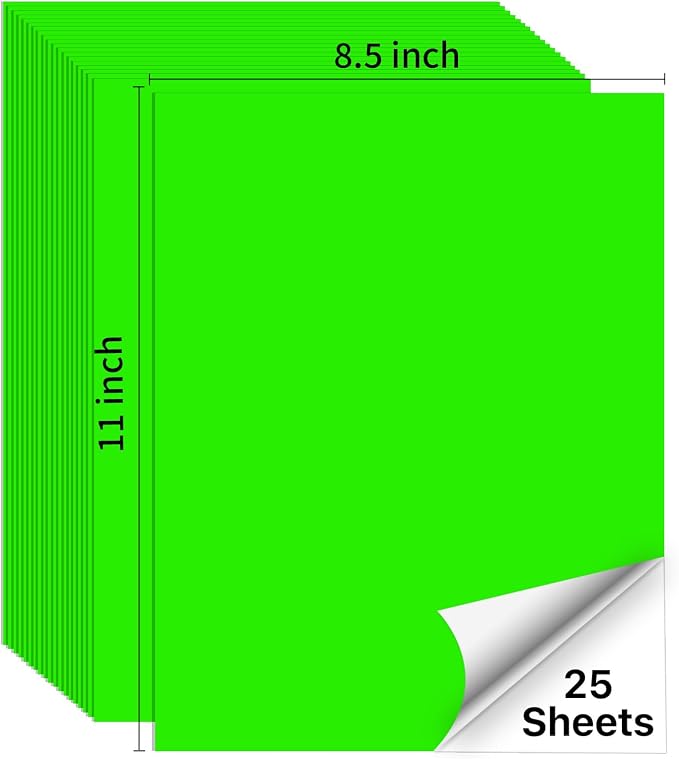 Neon Green Printable Sticker Paper, 25 Sheets Fluorescent Green Matte Printable Sticker Paper, Laser/Inkjet Printing- Letter Size (8.5" x 11")