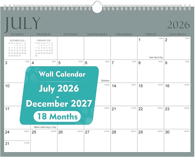 MZD8391 Calendar 2026-2027, Wall Calendar 2026-2027 From July 2026 To December 2027, 14" x 11" Paper Calendars with Julian Date and Blank Block for New Year, 18 Months Calendar Planner
