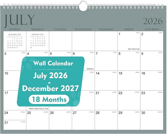 MZD8391 Calendar 2026-2027, Wall Calendar 2026-2027 From July 2026 To December 2027, 14" x 11" Paper Calendars with Julian Date and Blank Block for New Year, 18 Months Calendar Planner