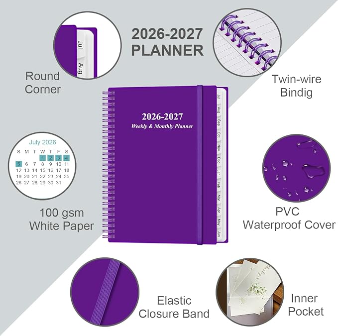 2026-2027 Planner - Planner 2026-2027 from July 2026 to June 2027 with 12 Monthly Tabs, Flexible Cover, Inner Pocket, 8.5" x 11", Purple-B