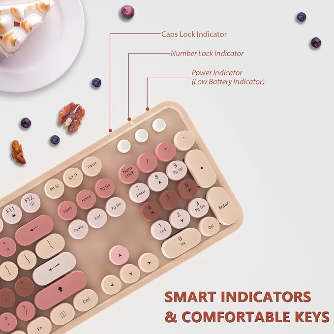 KOOTOP Wireless Keyboard and Mouse, Cute Keyboard and Mouse Combo with Retro Round Keycap, 2.4G Connectivity for PC, Mac, Laptop, Computer Windows (Milk Tea)