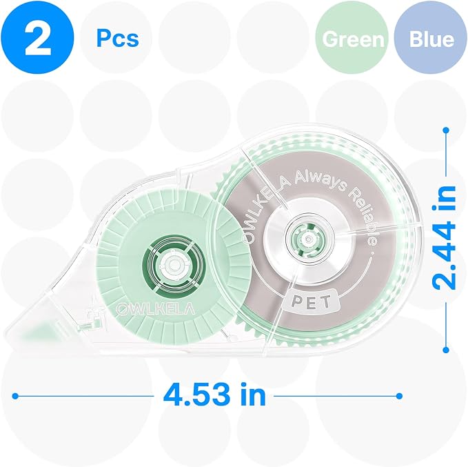 OWLKELA 2 Pack Plus Correction Tape, Tear-Resistant White Correction Tape, No Dry Time, Easy to Use, Office & School Supplies, 0.2 in Wide, 98.4 Ft, Blue Core, Green Core