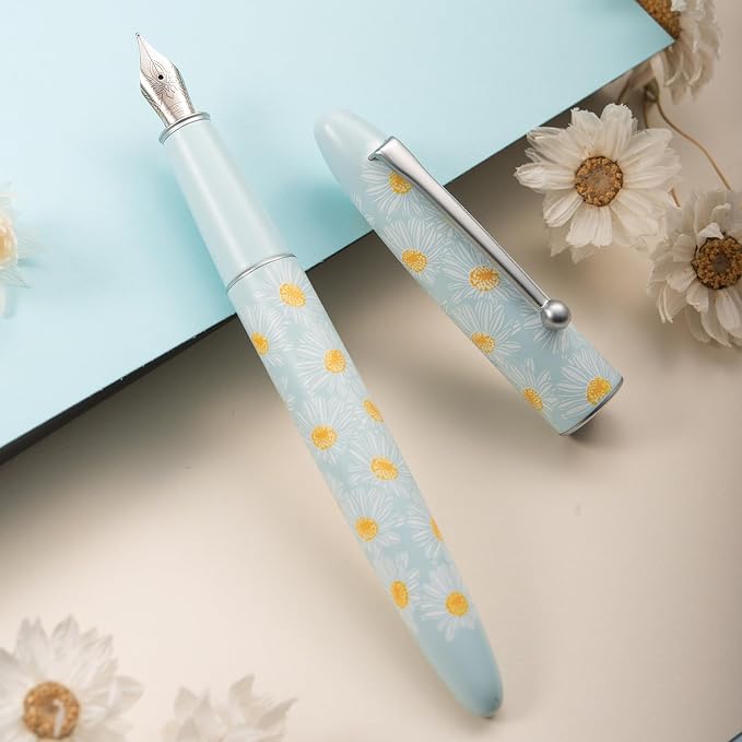 HONG DIAN C3 Fountain Pen, Iridium Extra Fine Soft Nib Chinese Knot Carving, Light Blue & Little Daisy Painting Design with Metal Box Set