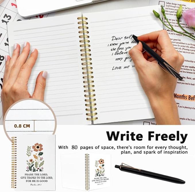 Prayer Journal for Women with Ballpoint Pen Set, Christian Spiral Notebook for Bible Study and Note Taking, 80 Sheets A5 College Ruled Journal, Praise The Lord Religious Gifts for Mom