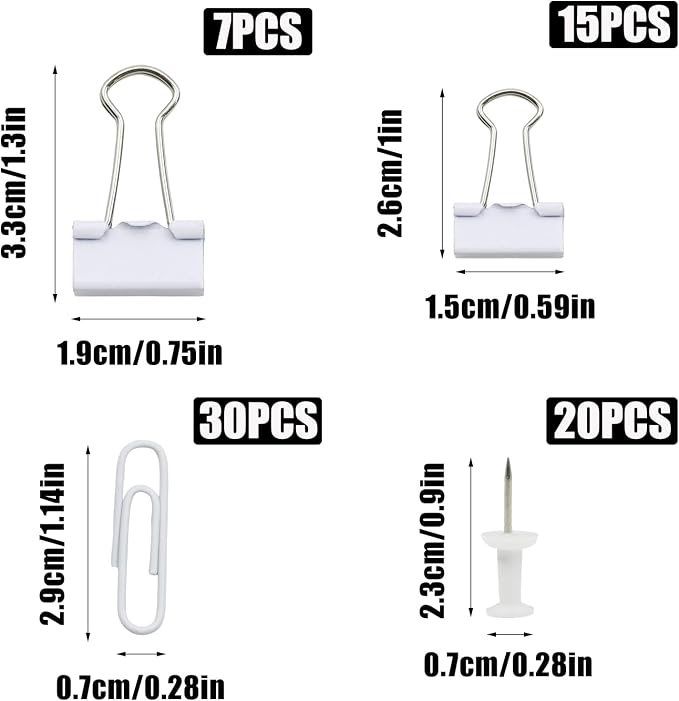 Office Supplies Set, Paper Clips, Push Pins and Binder Clips Set with Box for Office, School and Home(White)