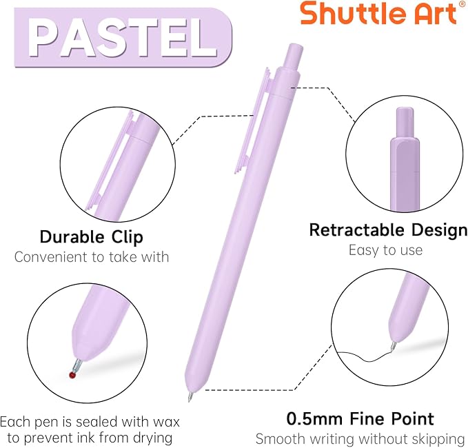 Shuttle Art Retractable Pastel Gel Ink Pens, 15 Pack Black Ink Pens, Cute Pens 0.5mm Fine Point for Writing Journaling Taking Notes School Office Home