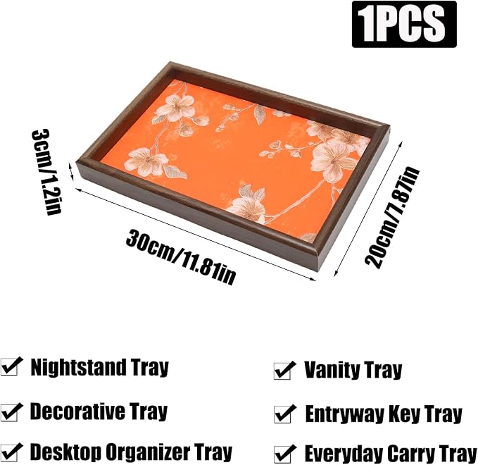 Wooden Valet Tray with Floral Base, EDC Catch All Tray Nightstand Entryway Table Vanity Organizer 11.8x7.9, Orange Vintage Blossoms