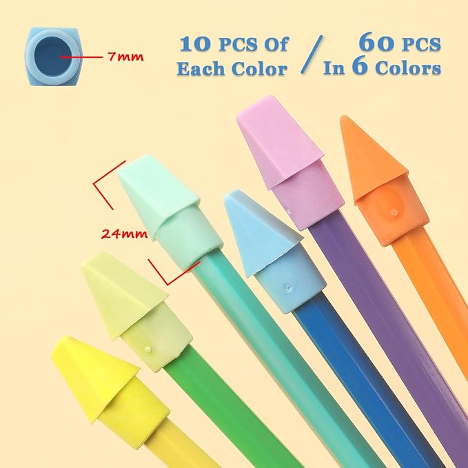 NNY 60 PCS Pencil Top Erasers, 6 Colors | Erasers for Pencils, Eraser Caps, Topper Erasers for Kids School