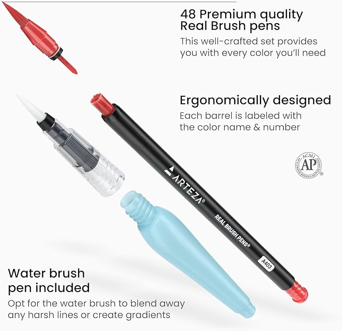 ARTEZA Real Brush Pens, 48 Colors, Watercolor Pens and Drawing Markers with Flexible Nylon Tips, Bonus Water Brush for Coloring, Sketching, Lettering and Art Journaling
