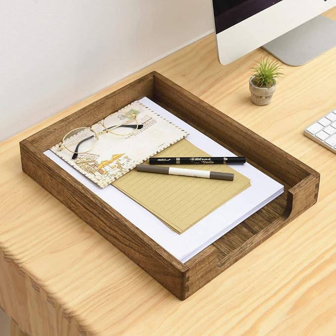 KIRIGEN Wooden Letter Tray, Single-Tier Paper Organizer for Desk, Brown TP | Front-Load Paper Tray Fits Letter and A4 Paper, Folders, Mail, and Magazinesfor Home Office; Paulownia Wood, Fully Assembled