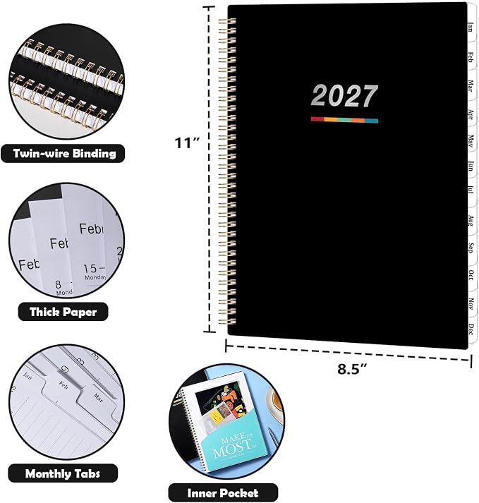 2027 Weekly and Monthly Planner Calendar, January 2027 - December 2027 | 8.5" x 11", Planner 2027 with Monthly Tabs, Spiral Binding, Thick Paper, Storage Pocket - Classic Black