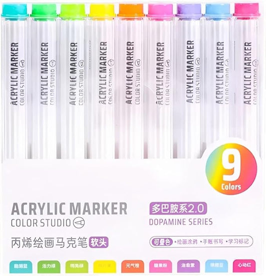 Acrylic Paint Pen Markers, 9 Colors Soft Brush Tip Paint Pens for Wood Glass Eggs Rock Painting Canvas Stone Fabric DIY Crafts Making Art Supplies (Multicolor)