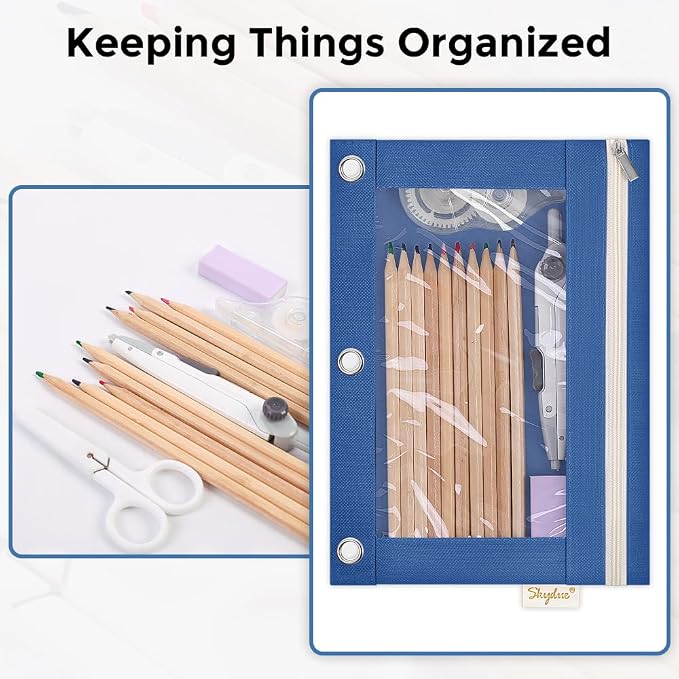SKYDUE Pencil Pouch for 3 Ring Binder, Zipper Pencil Pouches for Girls Boys, Clear Window Pencil Bag, 3 Ring Pencil Pouch Case for Binder, Durable Organizer for School Supplies