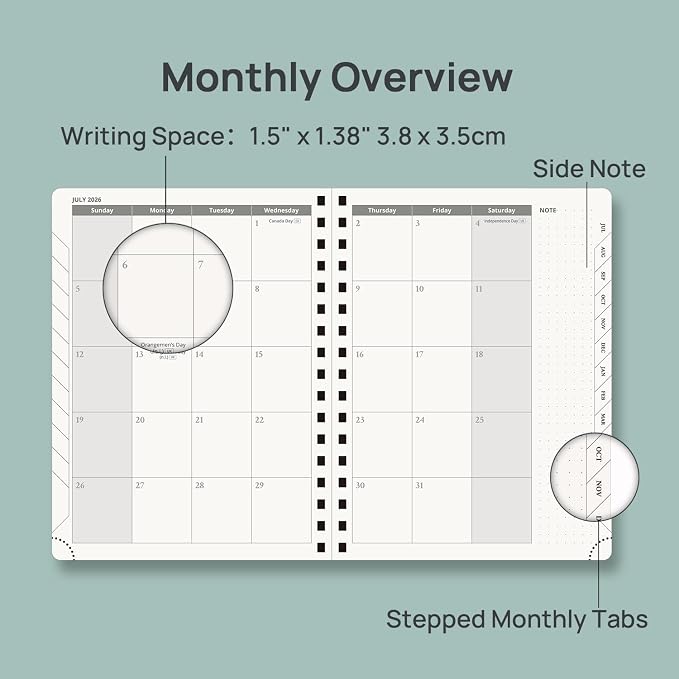 POPRUN Planner 2026-2027 (Medium - 6.5'' x 8.5'') Academic Weekly Planner | Calendar(July 26-June 27) Appointment Book with Hourly Time Slots, Monthly Tabs, 100GSM, Spiral Leather Cover - Pacific Green
