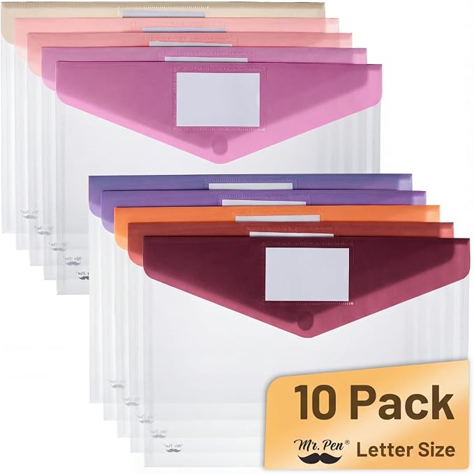 Mr. Pen- Clear Plastic Envelopes File Folders, 10 Pack, A4, Letter Size | Colorful Flaps, Clear Folders for Documents Plastic Poly Envelopes with Label for School, Home, Work, Office, Organizer
