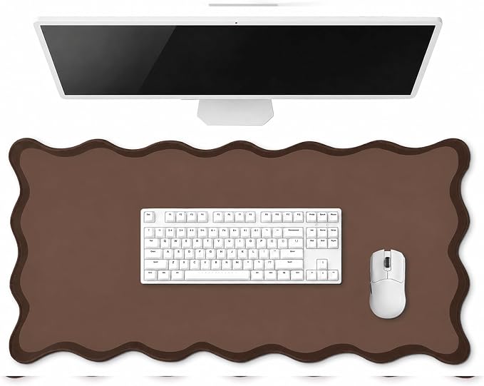 Hahafelt Scalloped Desk Mat Large Desk Pad Cute Coquette Table Mat Back to School Preppy Table Make up Pad Nonslip Graduation Gift with Stitching Waterproof Gaming(Brown,31.5 x 15.8 Inches)