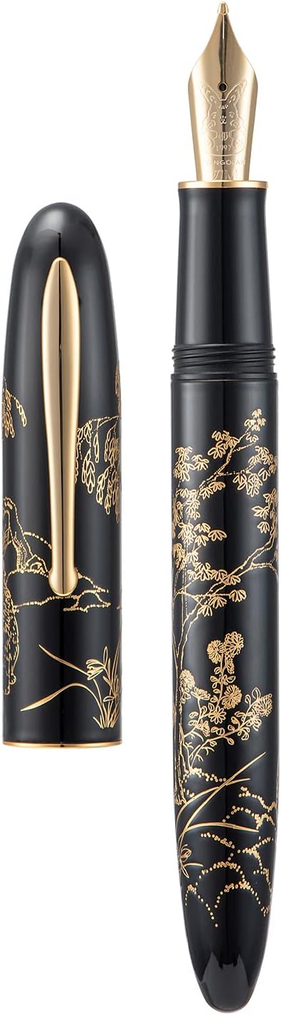 HONG DIAN Hongdian N23 Black Rabbit Fountain Pen, Long Blade Medium Nib Gold Trim, New Year Lucky Rabbit Carving Design, Smooth Writing Pen with Converter and Metal Pen Box Set