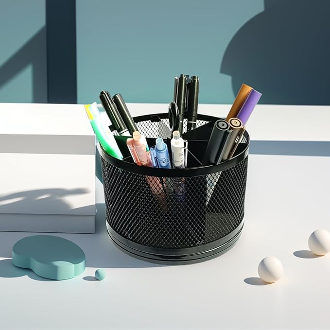 SETTFRFE Mesh Rotating Pen Holder for Desk, Black, 6-Slot | Large Pen Container with Handle, Multi-Functional Desk Organizer for Office Supplies, Art Tools & Makeup Brushes
