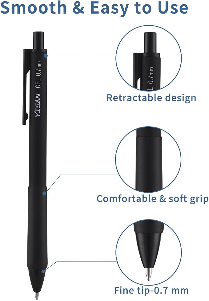 YISAN Black Gel Pens,12 Pack,0.7mm Fine Tip | Retractable,Fast Dry,Smooth Writing,71099