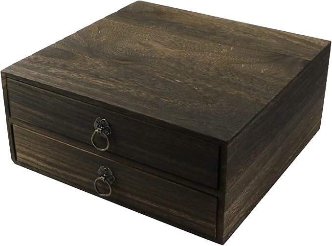 Wooden Desk Organizer 10" x 9.5" x 4.4" Mini Desk Drawer Tabletop Storage Organization Box Vintage Decorative Small Wooden Box（2 Floors）