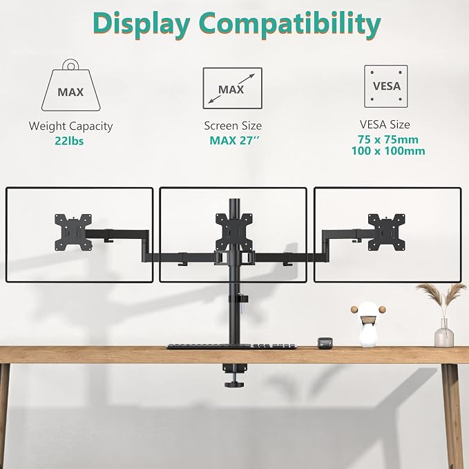 WALI Adjustable Triple Monitor Mount for 13-27 inch Screens, 22 lbs per Arm | 3 Monitor Desk Mount, Full Motion with Tilt, Swivel, Rotation, C-Clamp & Grommet Base, VESA 75/100mm (M003S), Black
