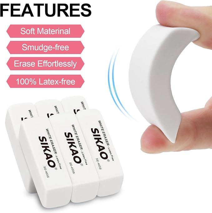 White Erasers, 6 Pack Pencil Erasers | Latex-Free & Smudge-Free Beveled Rubber Erasers for School Supplies, Classroom, Tests & Homework