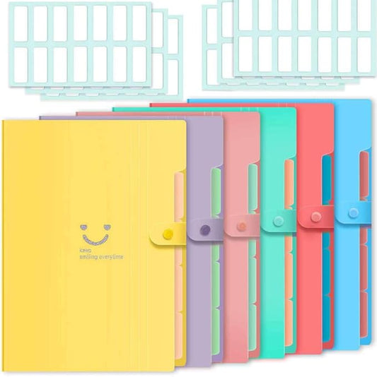 Selizo 6 Pcs Expanding File Folder with 5 Pockets Organizer Plastic A4 Size and 168 Pcs File Folder Labels for School Teacher and Office