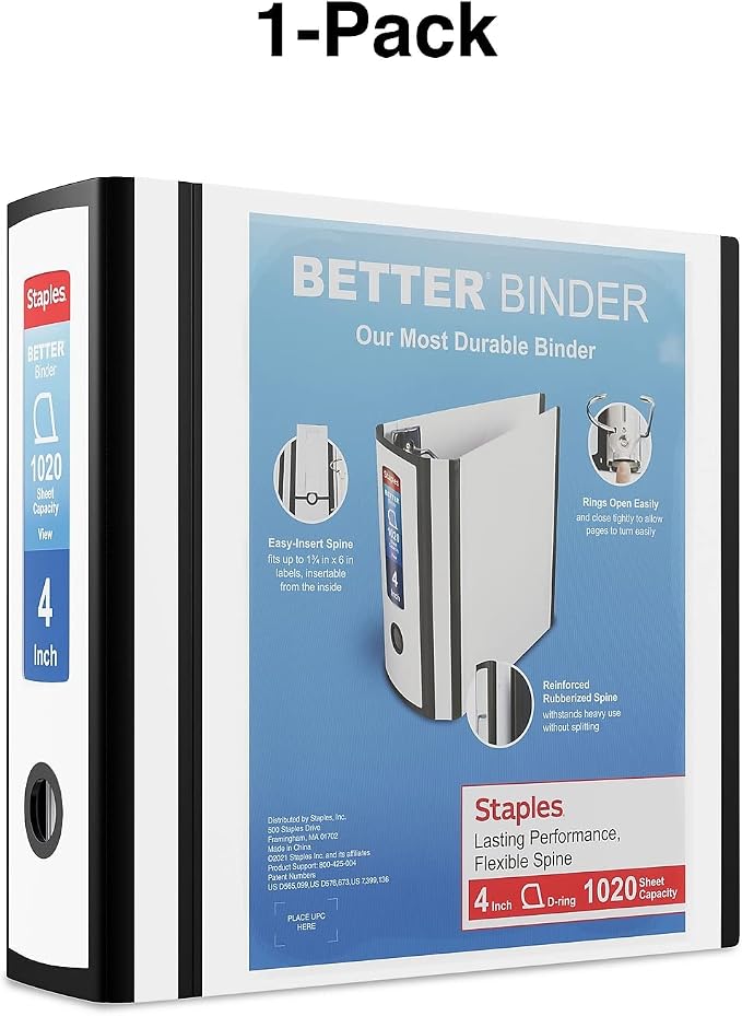 Staples Better Binder 4 Inch 3-Ring Binder, White, Wide Spine View Binder with Locking Rings, Large-Capacity Durable Office Binder, 2 Pack