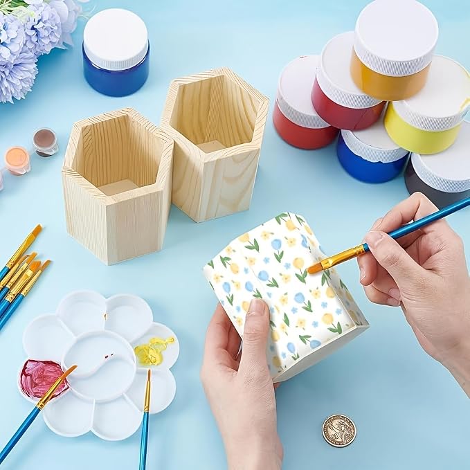 5 Pack Wooden Pencil Holder Cups, DIY Desk Organizer, 3.9in | Wooden Pencil Holder | DIY Pencil Cup