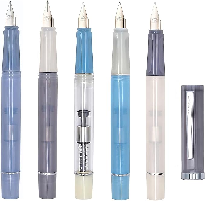 5-Pack Jinhao 58D Fountain Pen Set, Mixed Color 0.5mm Fine Nib Demonstrator | Transparent Resin Fountain Pens with Converter. Includes Pouch & Gift Bag. Ergonomic Design For Daily Office & School Use