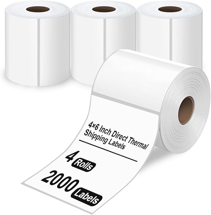 HUOJI 4x6 Direct Thermal Shipping Labels, 4 Rolls 2000 Labels, Compatible with Rollo, Zebra, MUNBYN Printers, Commercial Grade