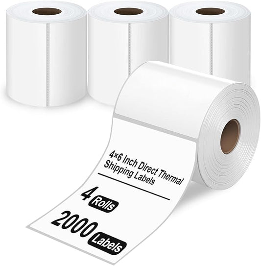 HUOJI 4x6 Direct Thermal Shipping Labels, 4 Rolls 2000 Labels, Compatible with Rollo, Zebra, MUNBYN Printers, Commercial Grade