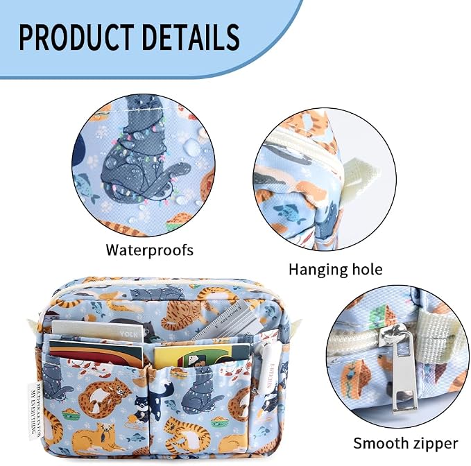 E-WEICHEN Multiple Pockets Portfolio Organizer with Zippered, Makeup Bag Travel Essentials for Women, Simple Waterproof Stationery Pencil Pouch Bag for Journal Office Art Supplies.Blue Cat