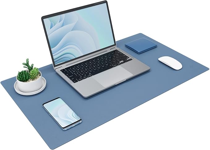 K KNODEL Small Desk Protector Mat, Leather Desk Pad (23.6"x13.8", Blue) | Non-Slip Desk Mat, Desk Pads and Blotters, Desktop Mat, Desk Protector and Cover, Office Computer, Laptop and Keyboard Mat