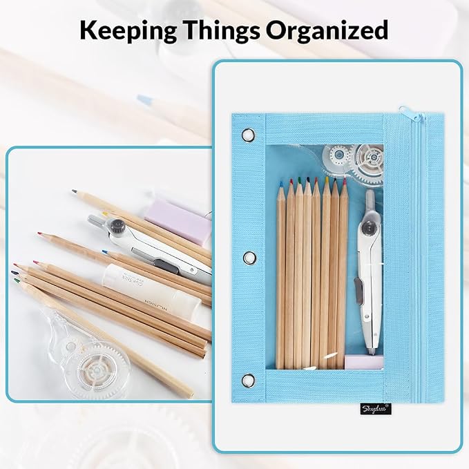 SKYDUE Binder Pencil Pouch – 3 Ring Pencil Pouch with Clear Window, Smooth Zipper Pencil Case for School Supplies, Large Capacity Pencil Pouches for 3 Ring Binder with Reinforced Grommets