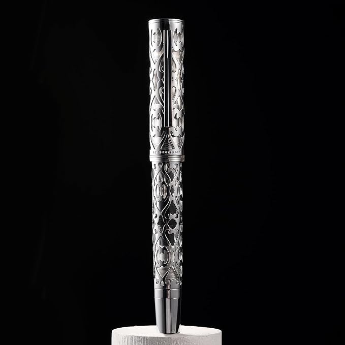 HONG DIAN D1 Piston Fountain Pen Fine Nib, Hollow Skeleton & Resin with Metal Case Set (Silver)