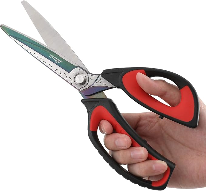 LIVINGO 10" Heavy Duty Multipurpose Shears for Shop & Garden (Red/Black) | Forged stainless steel with titanium coating. Cuts fabric, cardboard, pruning branches, household materials. Rust-resistant.
