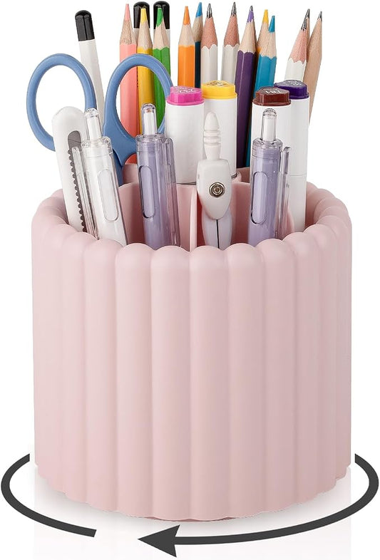 Anyoifax 360° Rotating Pen Holder for Desk Removable Pencil Organizer, Pink | 7 Slots Pen Cup Cute Office Supplies and Accessories Plastic Desktop Storage Box Art Caddy for School, Work, Home