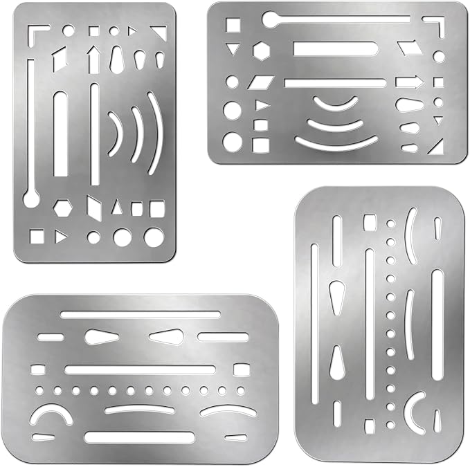 Clabby 4 Pieces Drafting Eraser Shield Erasing Shield for Drawing Stainless Steel Drawing Template Tools Stencil with 26 Openings or 27 Openings for Mechanical Engineering Artists, 2 Designs