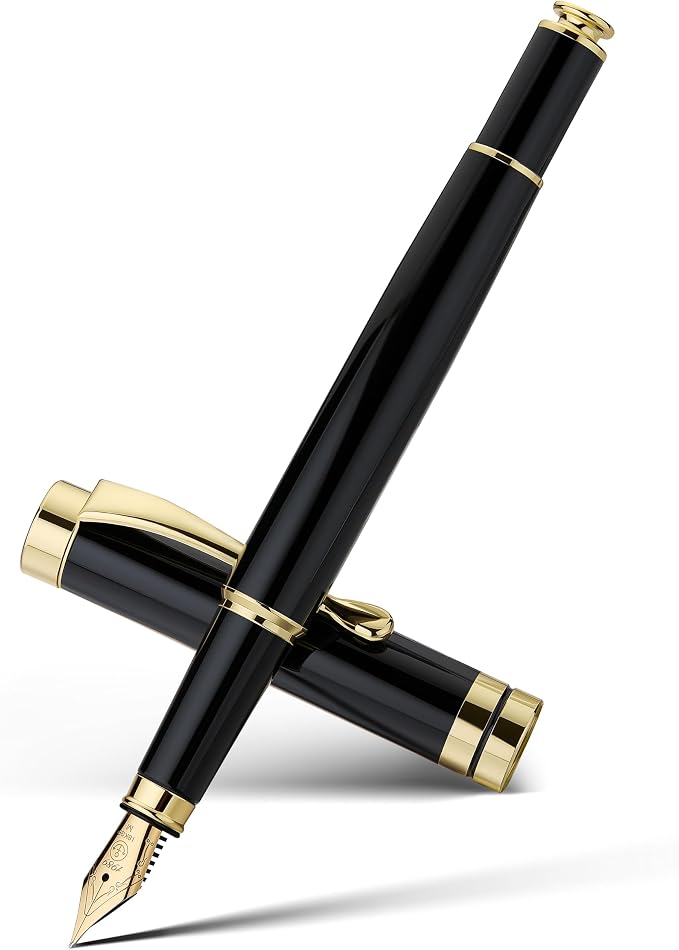 MCNTEIK Fountain Pen-Luxury Black and Gold Finish, 18K Gilded Nib(Medium), Smooth Ink Flow, Complete Set with 4 Black Ink Cartridges, Converter & Gift Box-Perfect Weight, Ideal for Office, Journaling