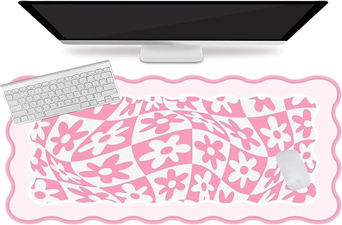 L-SPOUTTO Pink Mouse Pad,Scalloped Desk Mat Daisy XXL Large Gaming Mousepad | 35.4x15.7in Non-Slip Rubber Base Keyboard Pad Waterproof Desktop Mat for Laptop Computer Work Game Home Office