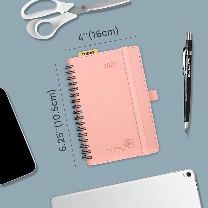 POPRUN 2027 Pocket Planner (Small-4'' x 6.25'') Weekly and Monthly Calendar | 2027 Agenda(Jan - Dec) Appointment Book with Hourly Time Slots, Monthly Tabs, 100GSM, Spiral Leather Cover - Navy Blue