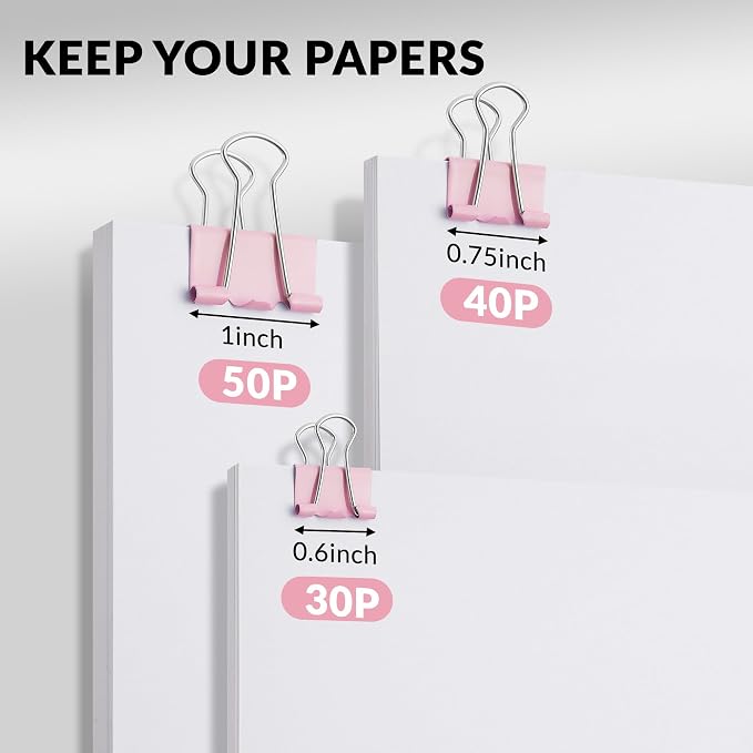 NEEWAY 100 Count Binder Clips Assorted Sizes, Paper Binder Clips (0.6inch 0.75inch 1inch), Metal Paper Clamps for Office and Home (Pink)