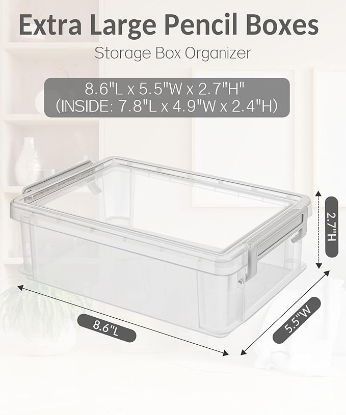 Sooez 6 Pack Extra Large Pencil Box, Plastic Pencil Case Crayon Box Bulk, Clear Marker Organizer Plastic Containers with Lid, Stackable Storage Boxes for Art Craft Pen, Back to School Supplies, Purple