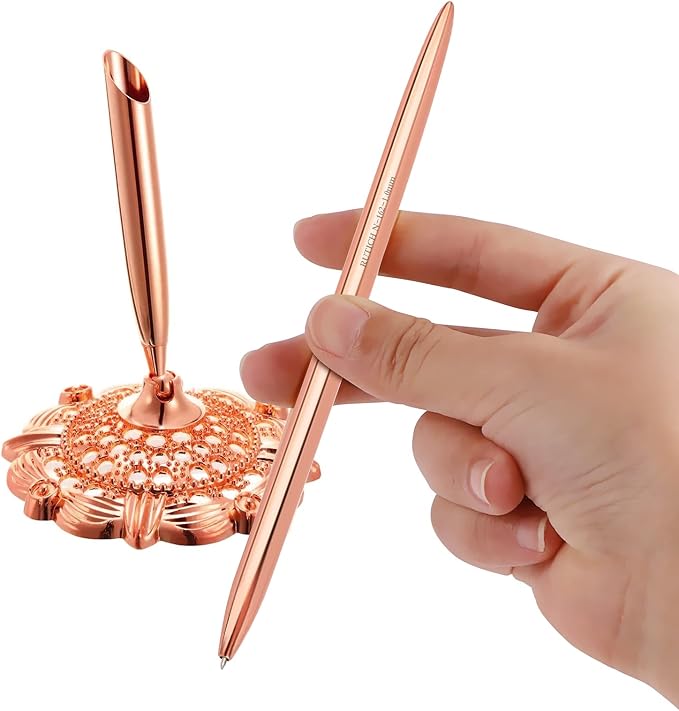 Hollow Round Pen Holder Signing Pen Set for Wedding Bridal Engagement Valentine's Day Favors,Rose Gold