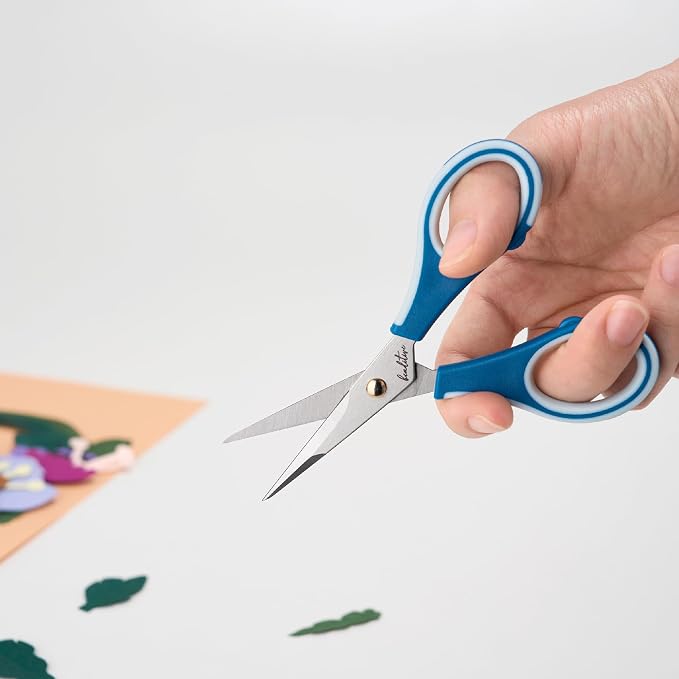 Beaditive Precision Craft Scissors - Ultra Sharp Stainless Steel Blades & Non-Slip TPR Handles - Adult & Kid Scrapbooking Scissors With Safety Cap For Home, Office, School (Blue)