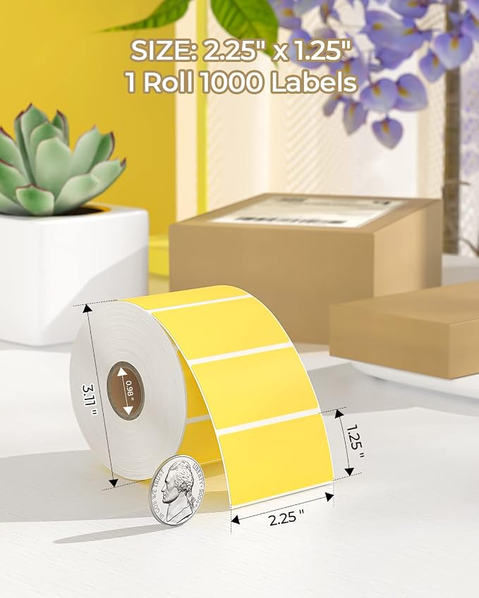 MUNBYN 2.25x1.25 Thermal Labels, 1000 Sheets/Roll, Yellow | Strong Adhesive, Non BPA&BPS for Small Business, Shipping,Mailing, Bakery, Price Tag