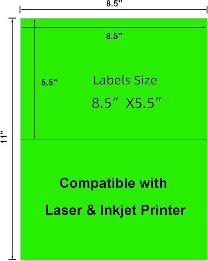 Half-Sheet Printable Shipping Labels- 5 1/2 x 8 1/2- Neon Green Mailing Labels- Laser/Inkjet Compatible - 40/Pack