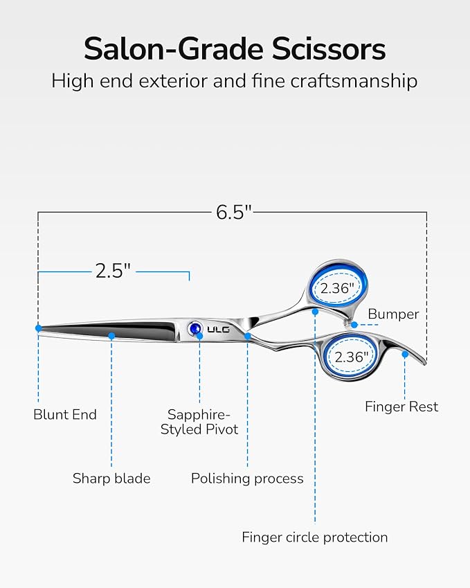 ULG Professional Hair Cutting Scissors 6.5" Blue Left-Handed | Razor Edge Barber Shears, For Salon and Home Hair Cutting Shears, Japanese Stainless Steel, Hand Sharpened