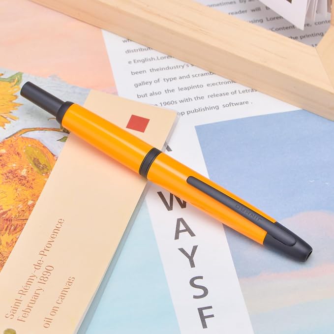 Jinhao 10 Press Fountain Pen with Box, Orange Retractable Medium Nib with Ink Converter Set (Black Clip)